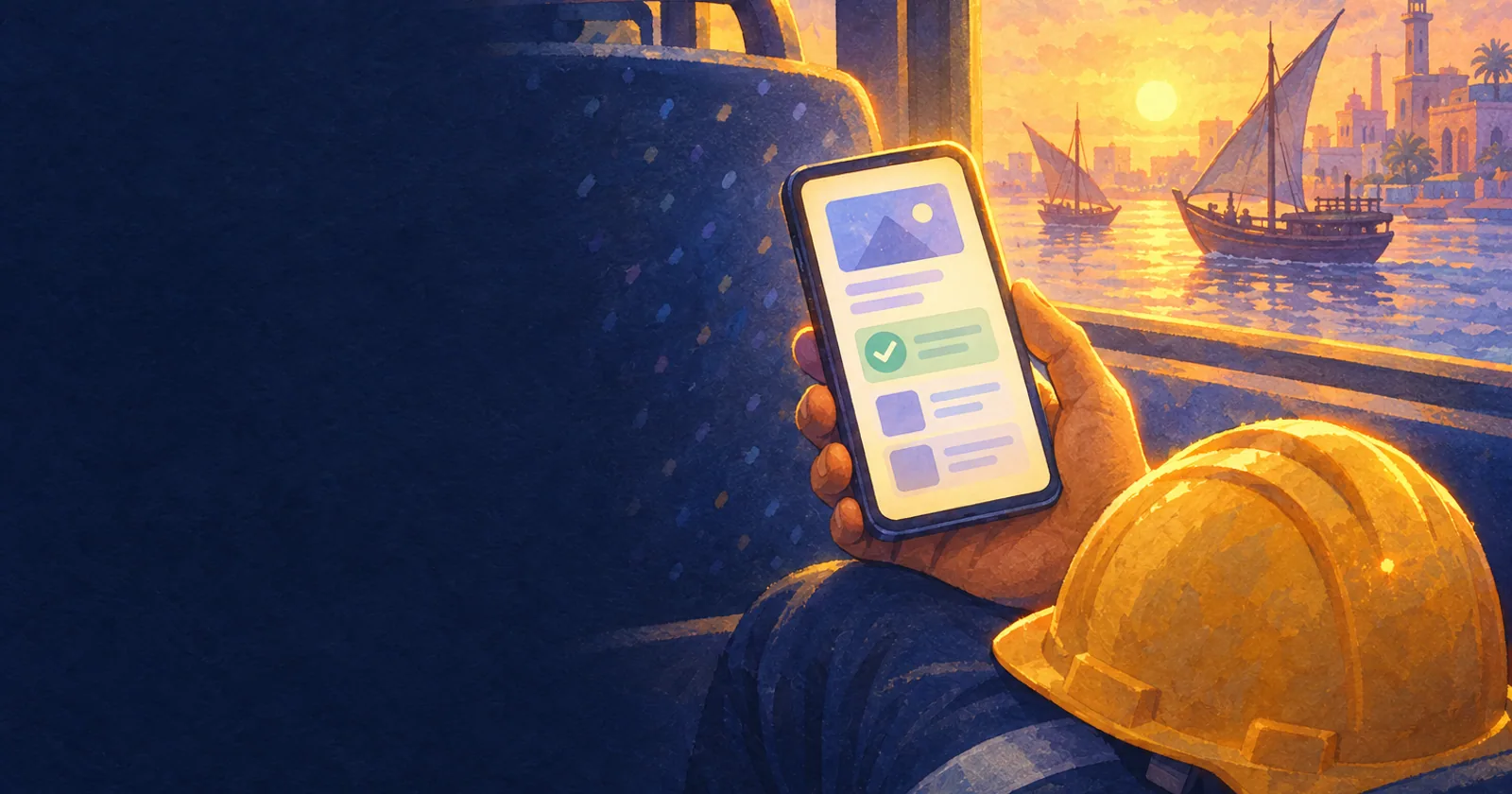 A worker's hand holding a phone with a short lesson and a green tick on a crew bus seat at dawn, hard hat on his knee