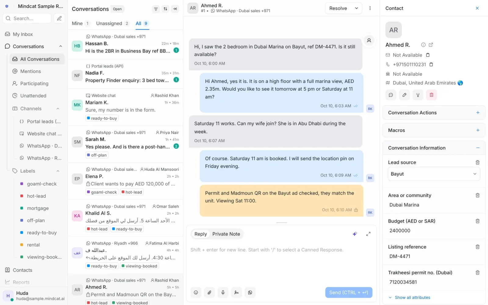 Mindcat Inbox with sample data: a Bayut lead, the agent's private note on the permit check and the Trakheesi permit field
