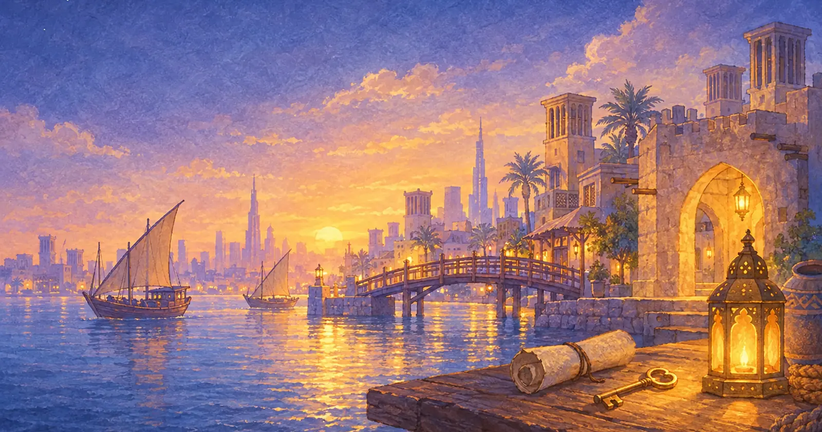 A wooden table with a brass key, a rolled paper and a lantern beside a footbridge over Dubai Creek at dawn
