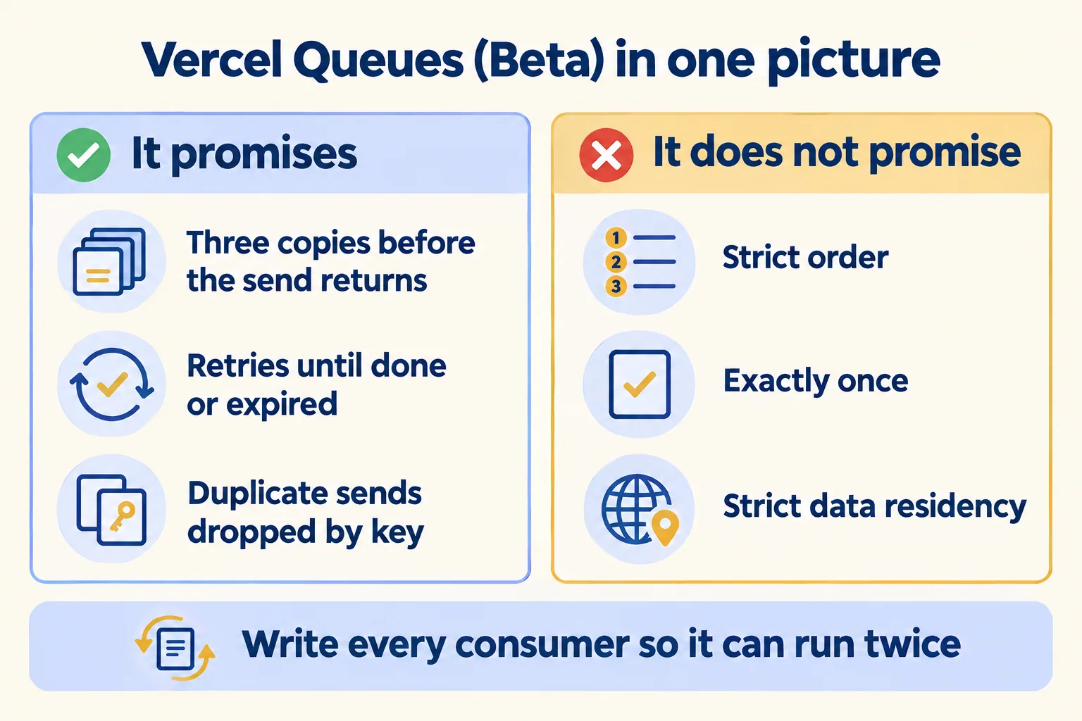 Queues promises three-zone copies, retries, idempotency keys; it does not promise order, exactly once or strict residency