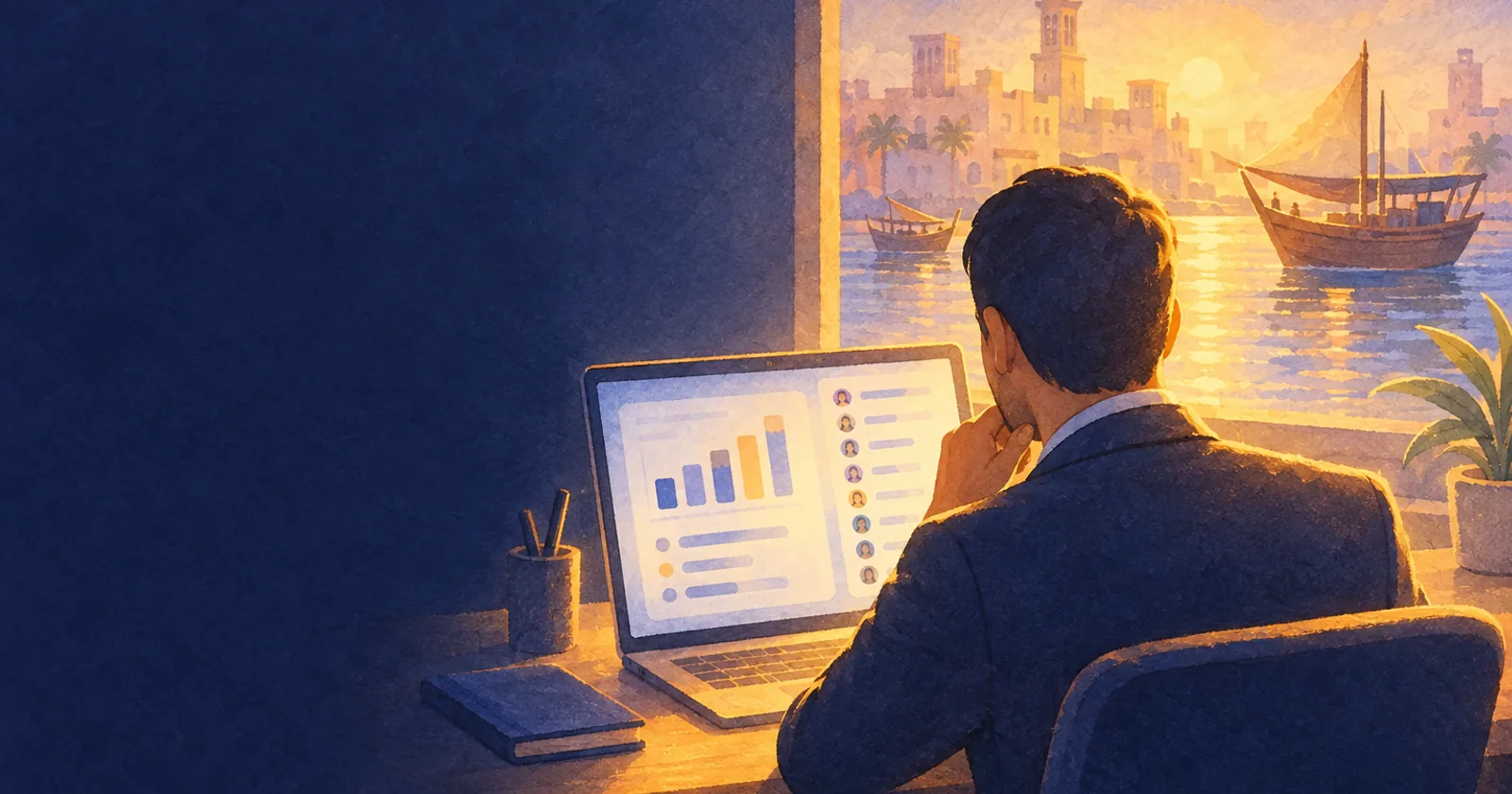 A manager at a desk reading a report of simple bars beside a list of ten agent avatars