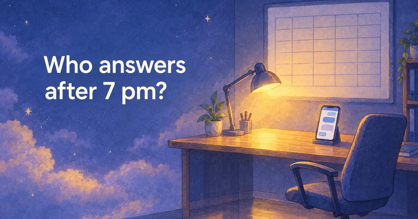 An empty office at night with a lit lamp, a phone with chat bubbles and a blank rota board: Who answers after 7 pm?