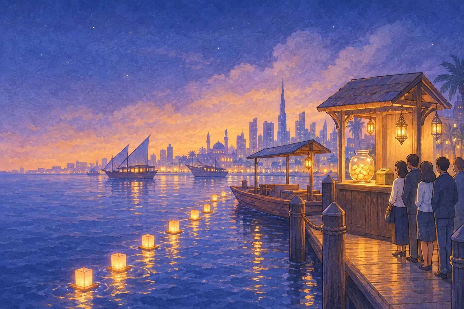 A lantern-lit ferry dock booth with a jar of gold tokens on the counter and paper lanterns floating toward it