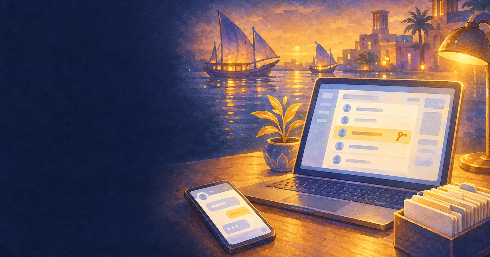 A desk at dusk: a laptop customer list with one row marked by a key, a phone chat and a box of index cards