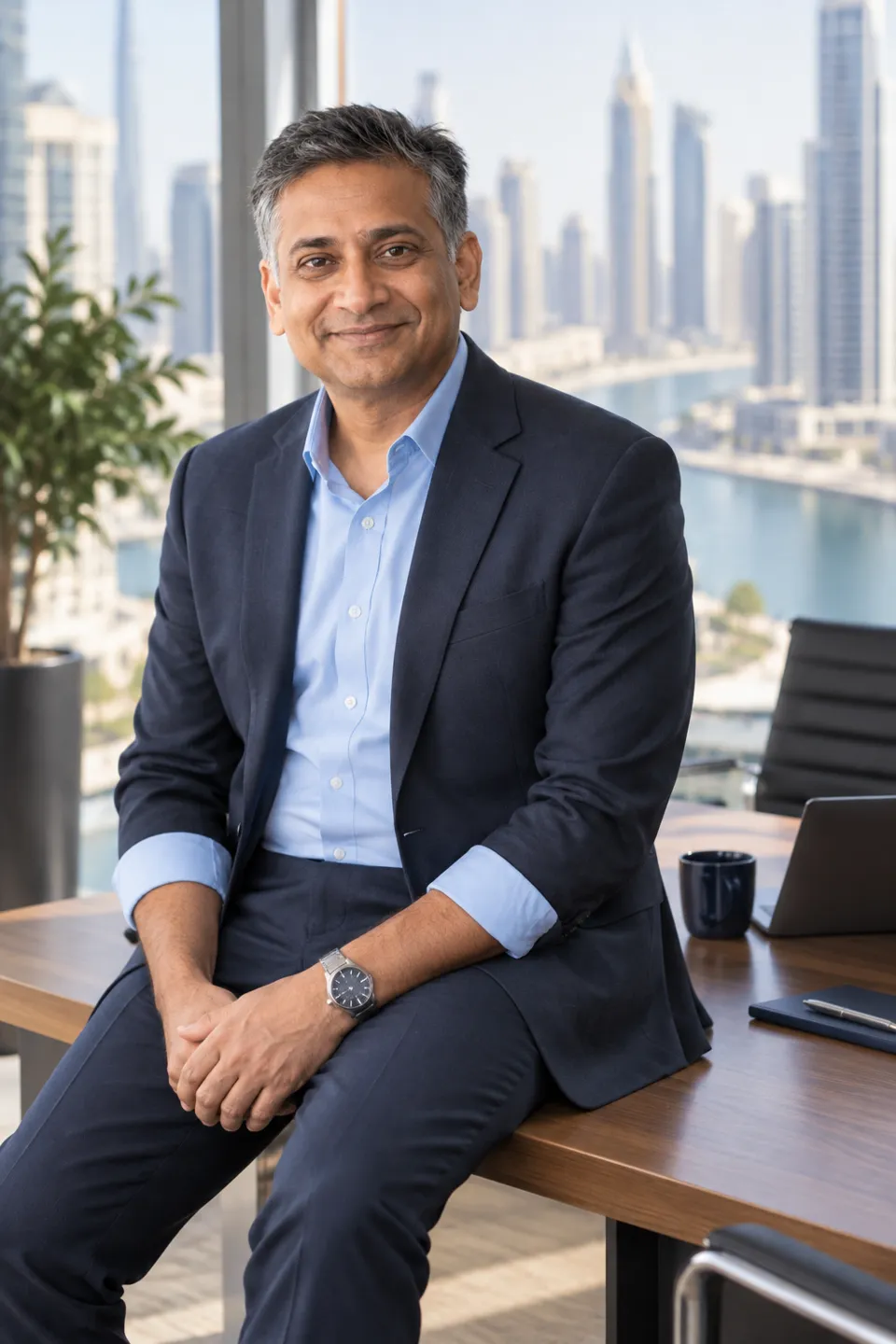 Arjun M., a fractional CFO, seated in a Business Bay office with the canal behind him.