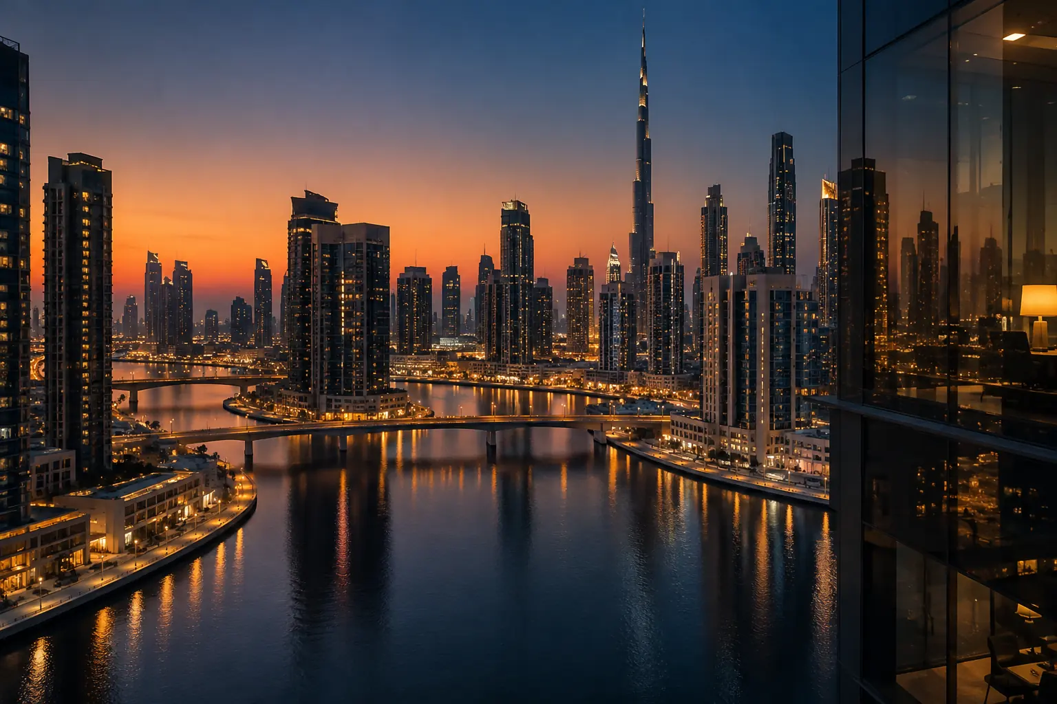 The Dubai Canal at dusk from a high Business Bay window.