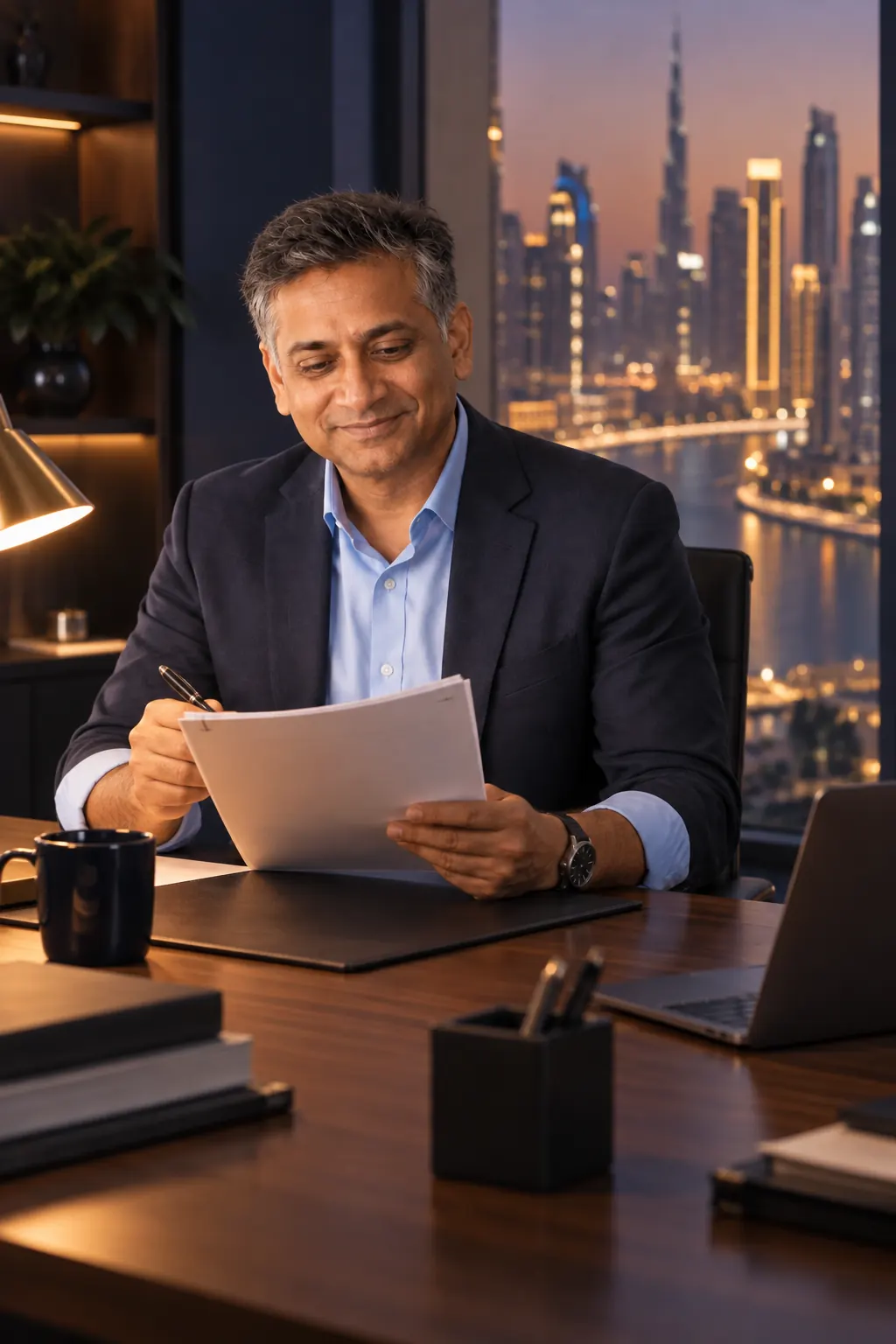 Arjun reading a printed monthly report at his desk in a Business Bay office at dusk.