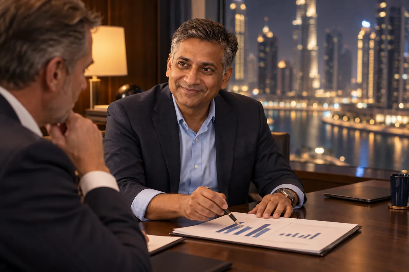 Arjun walking a company owner through a printed report at a meeting table in the evening.