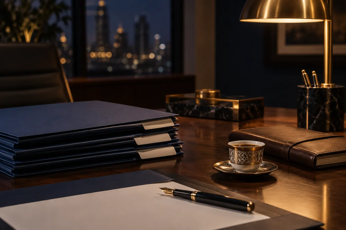 A stack of navy folders, a notebook and a cup of Arabic coffee on a dark desk.