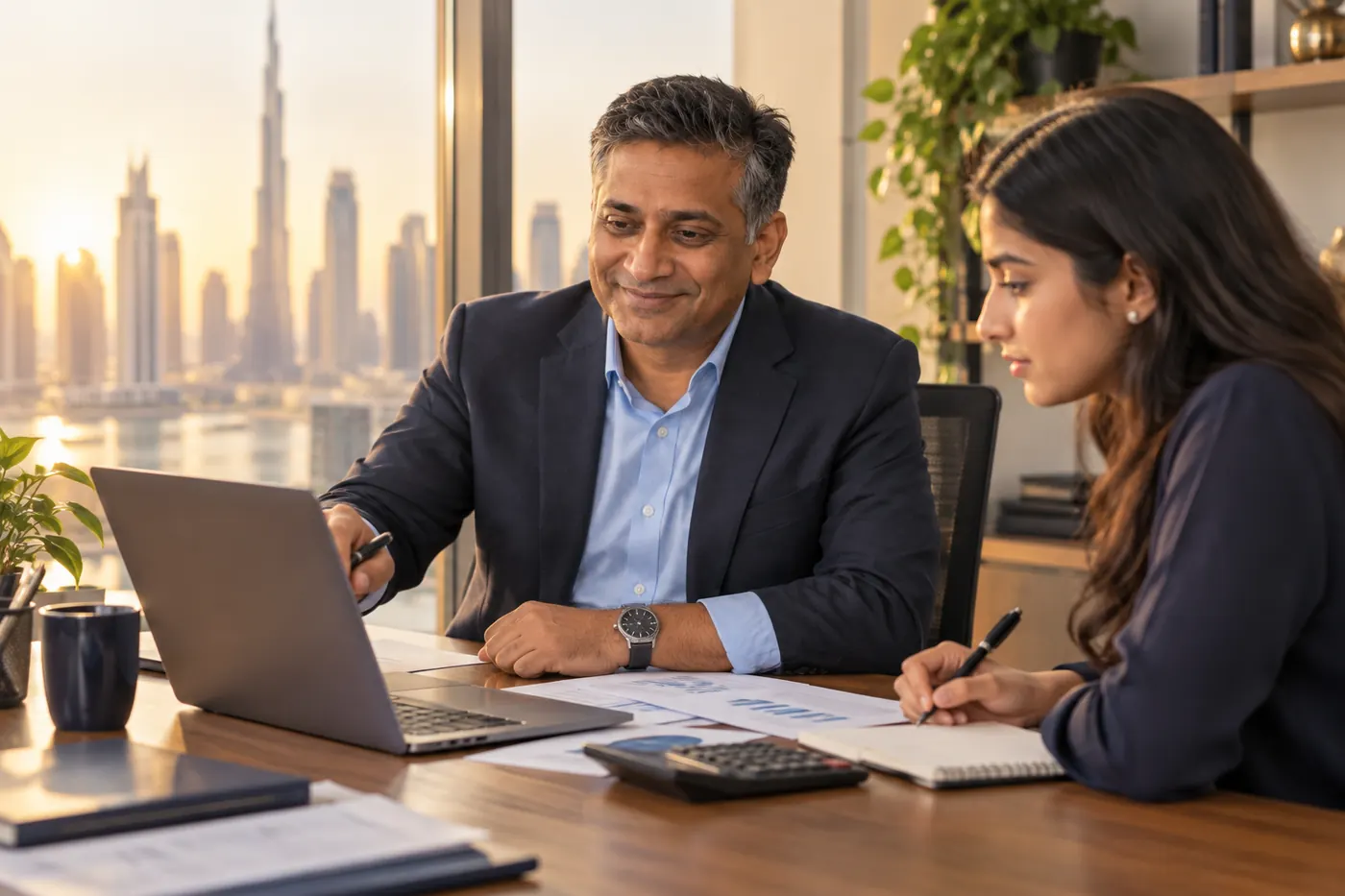 Arjun working beside a young in-house accountant at a desk with papers and a calculator.