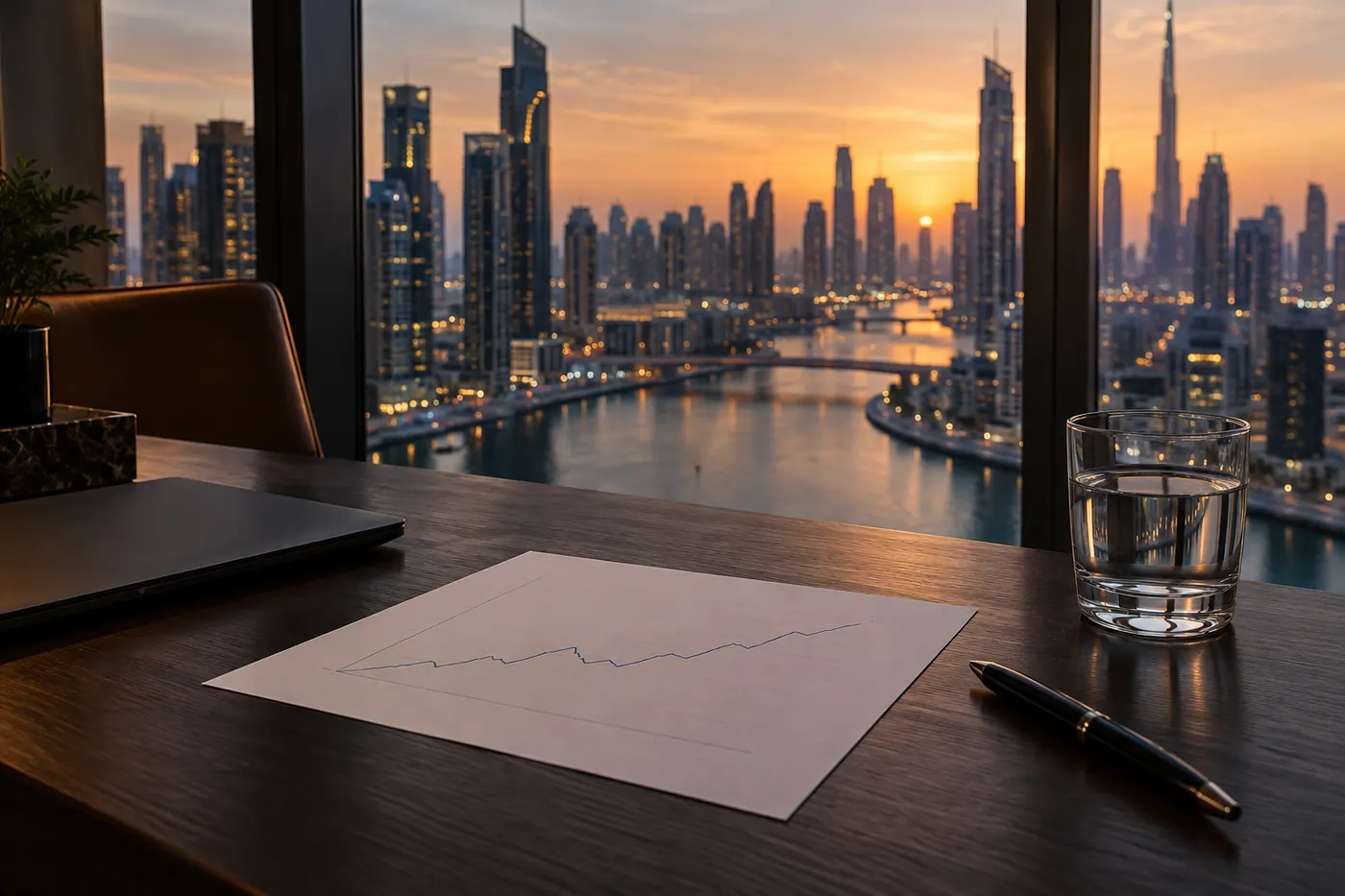 A single printed page with a cash line drawn on it, on a desk by a window over the Dubai Canal.