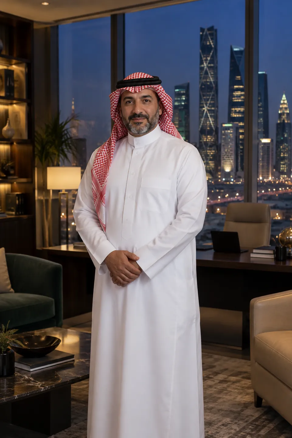 Faisal Al-S., a family business adviser, standing in his Riyadh office at dusk with the city towers behind him.