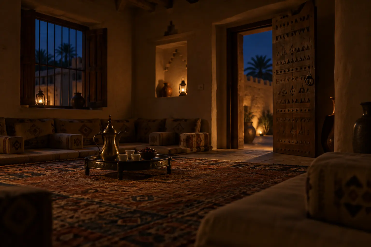 An empty traditional majlis in Riyadh at dusk, a coffee pot on a low tray.