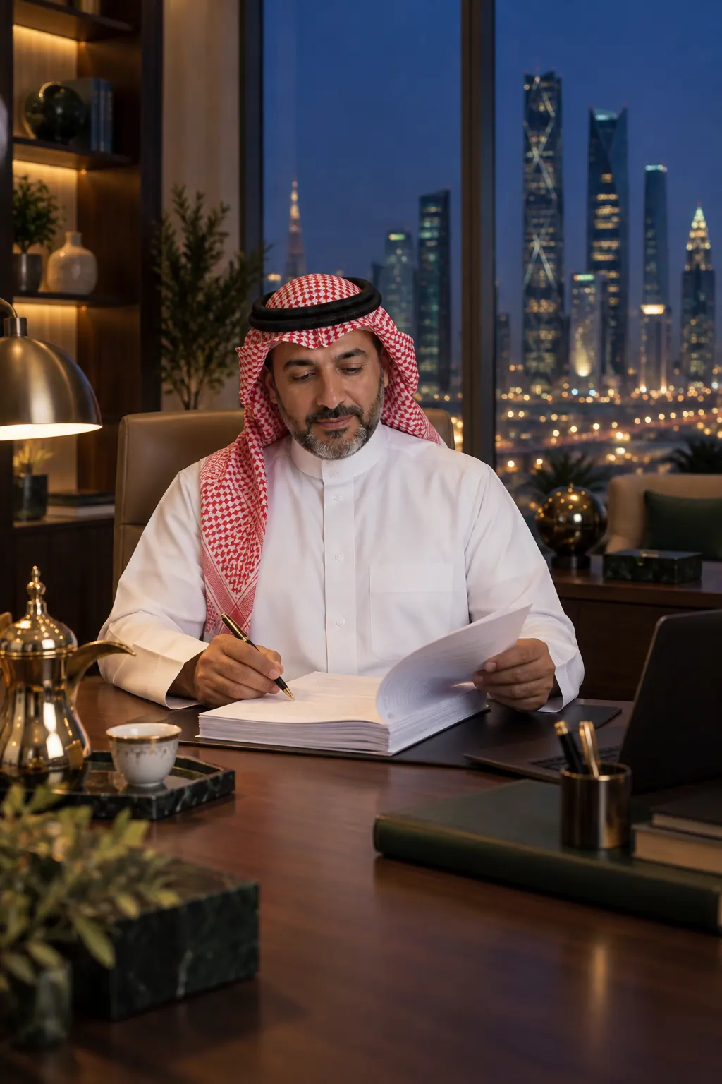 Faisal at his desk in the evening, reading a printed family charter draft with Arabic coffee beside him.