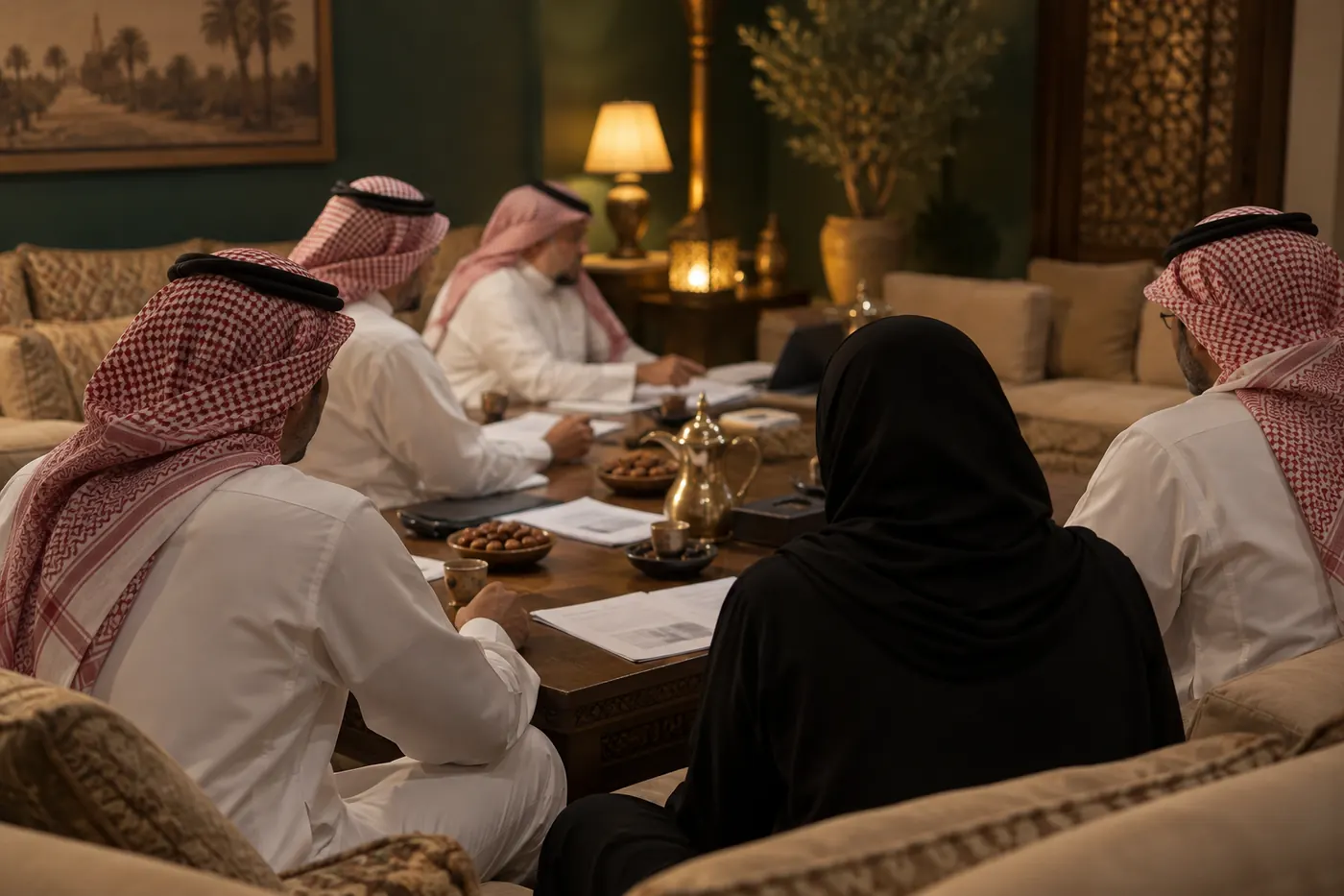 A family of two generations seated around a low majlis table, seen from behind, with papers and coffee cups.