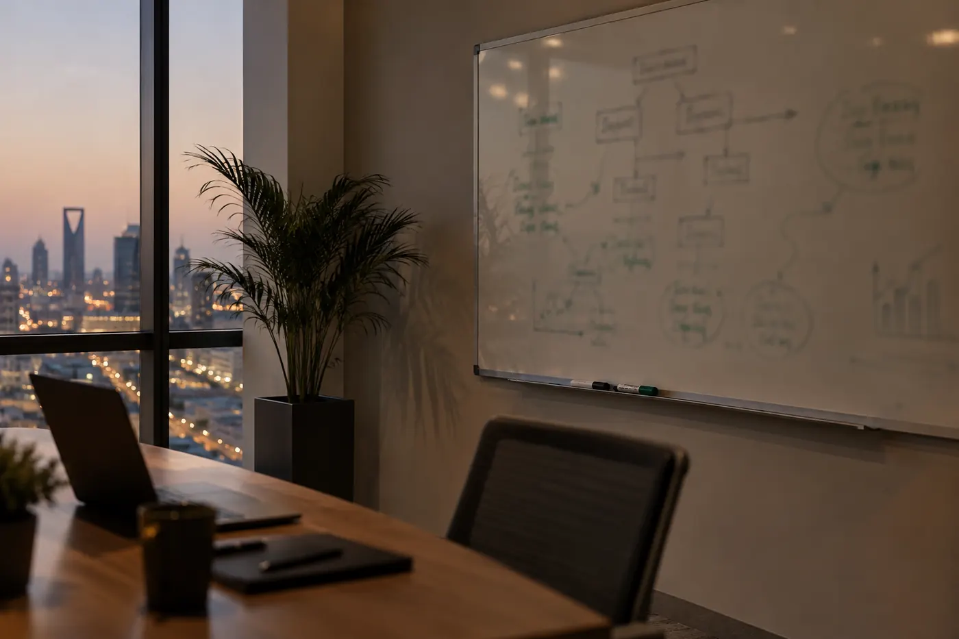 A whiteboard with a hand-drawn organisation sketch in green marker in a quiet meeting room.