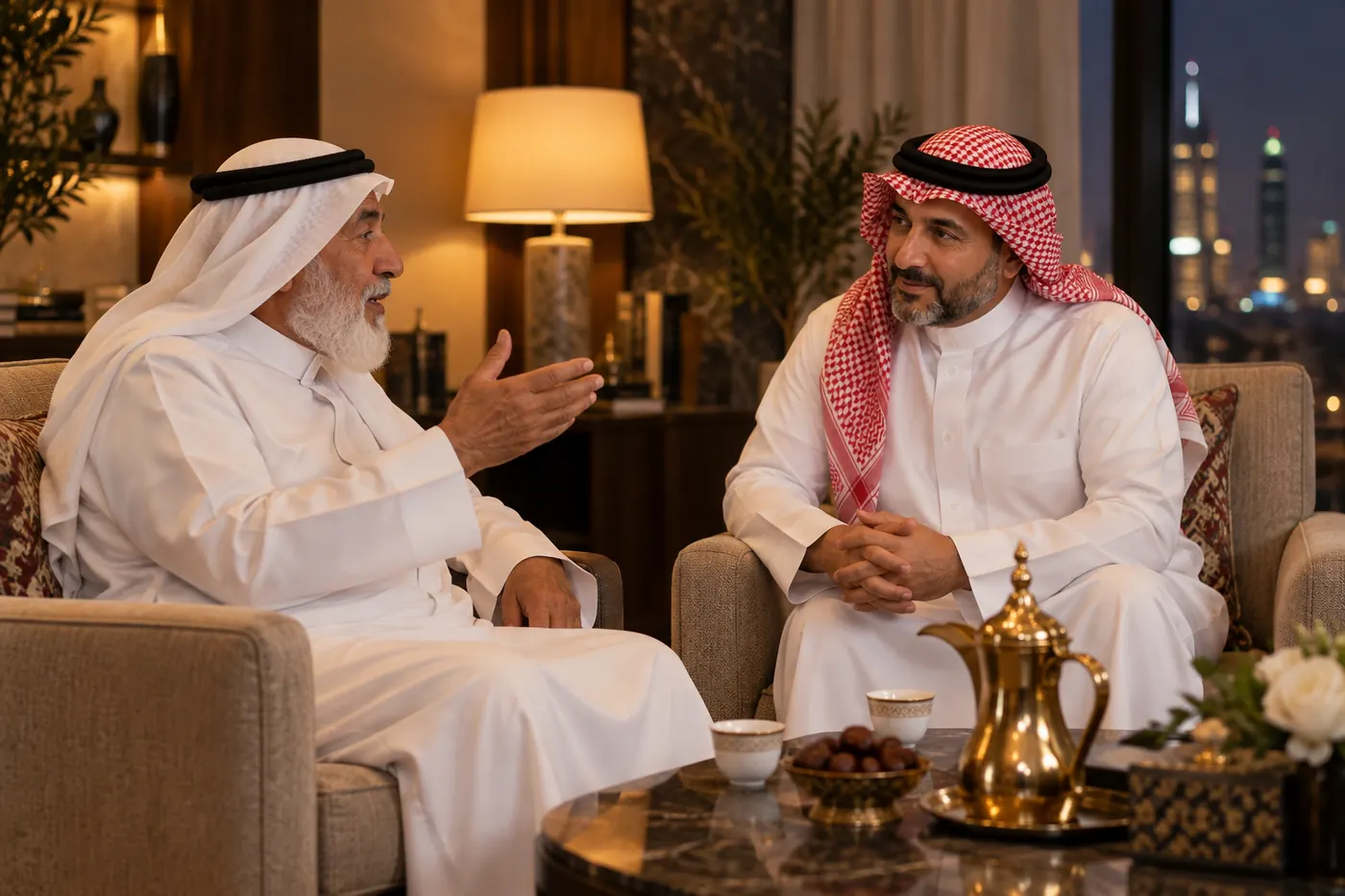 Faisal listening to an older founder in a private majlis, Arabic coffee on the table between them.