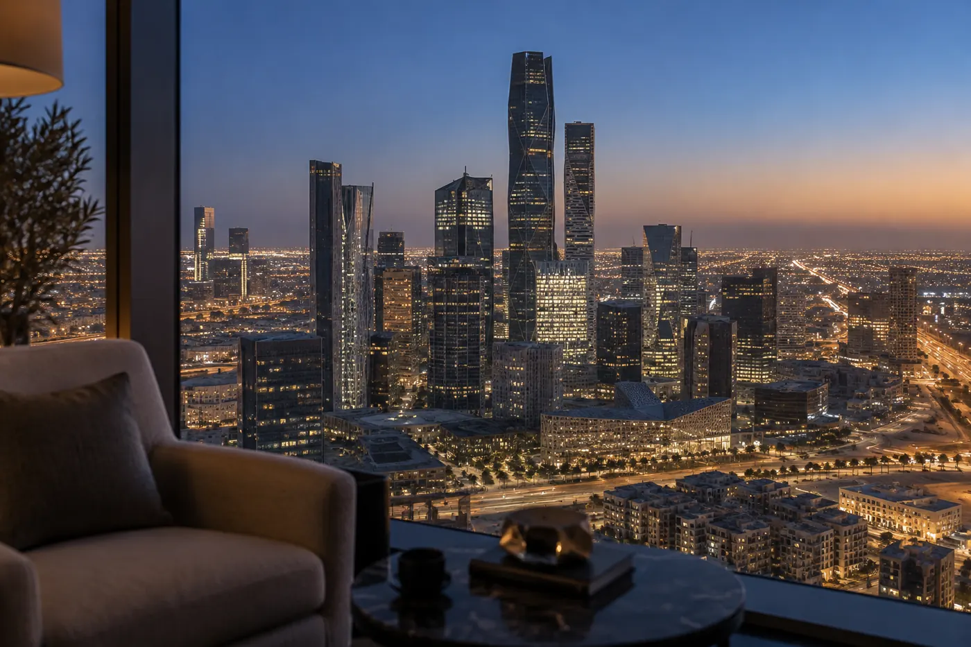 The Riyadh skyline at blue hour seen from a high office window.
