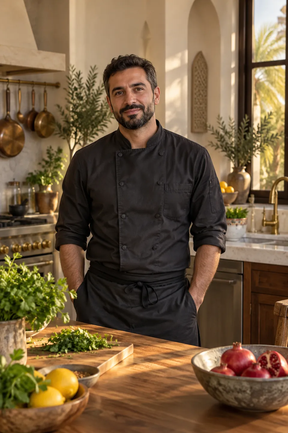 Karim A., a private chef in a dark chef jacket, standing in a warm villa kitchen in Jumeirah.
