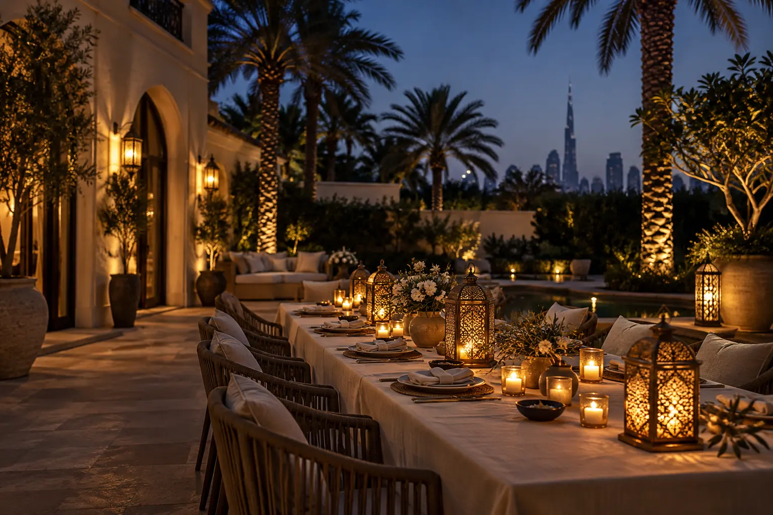 A villa garden in Jumeirah at dusk, a long table lit by brass lanterns.