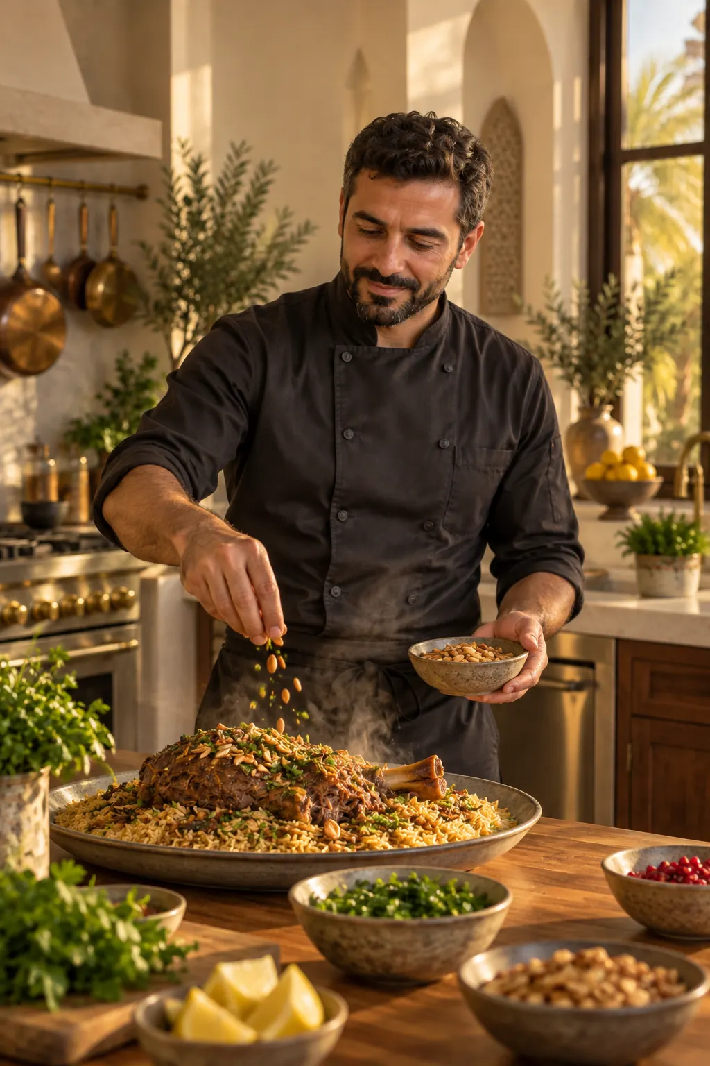 Karim plating slow-cooked lamb over spiced rice in a villa kitchen.