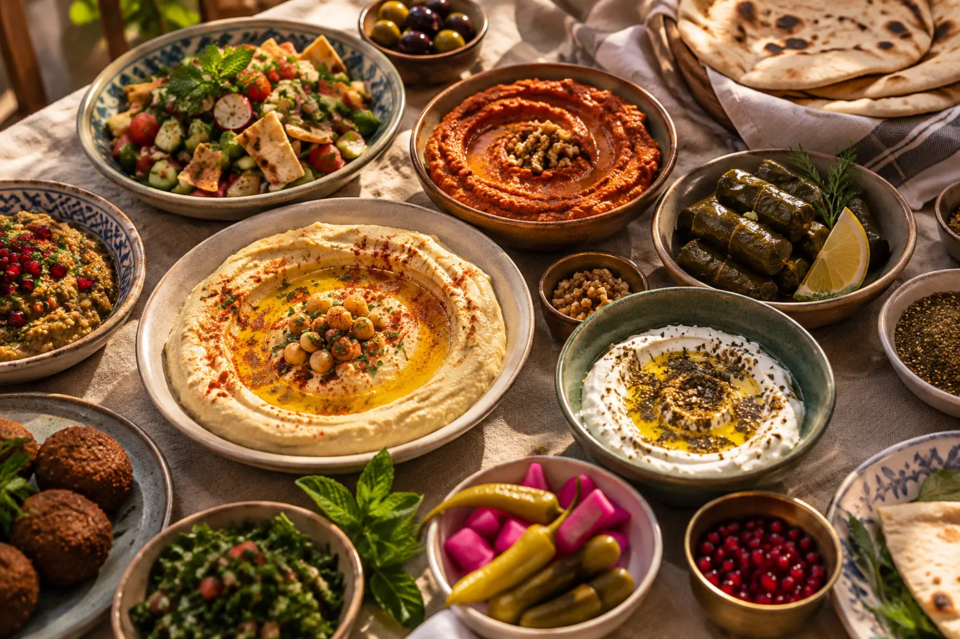 A Levantine mezze spread with hummus, muhammara, fattoush, labneh and warm bread.