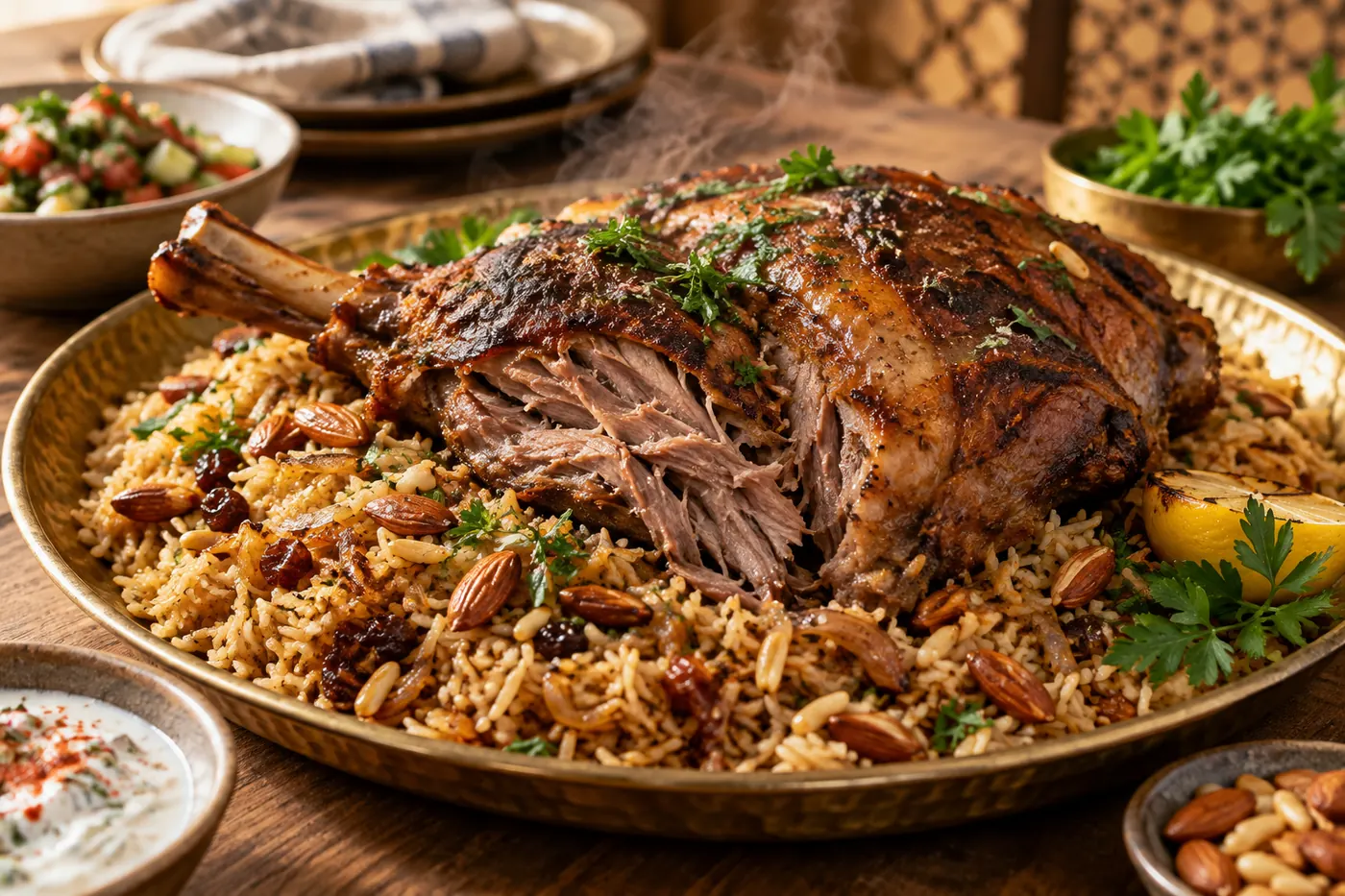 Slow-cooked lamb shoulder over spiced rice with toasted almonds on a brass platter.