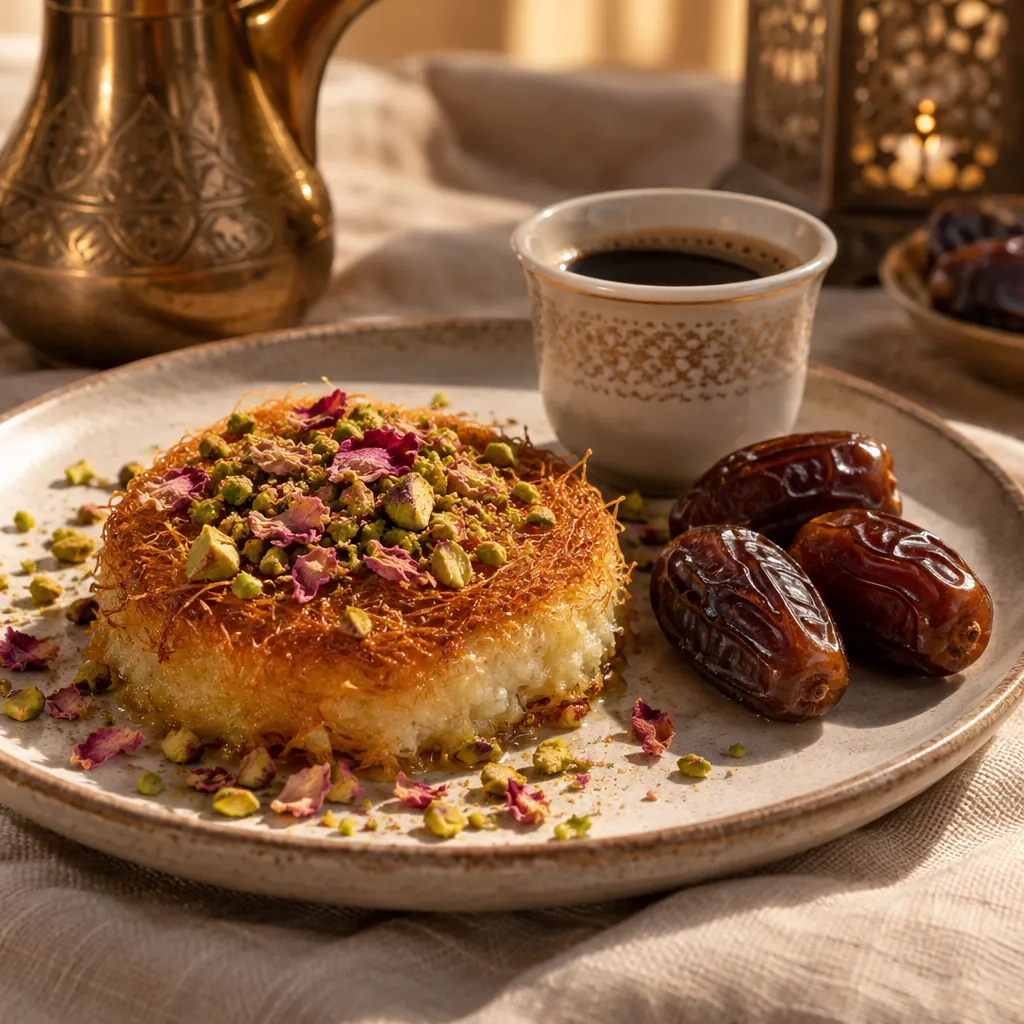 Knafeh with pistachio and rose petals beside dates and a cup of Arabic coffee.