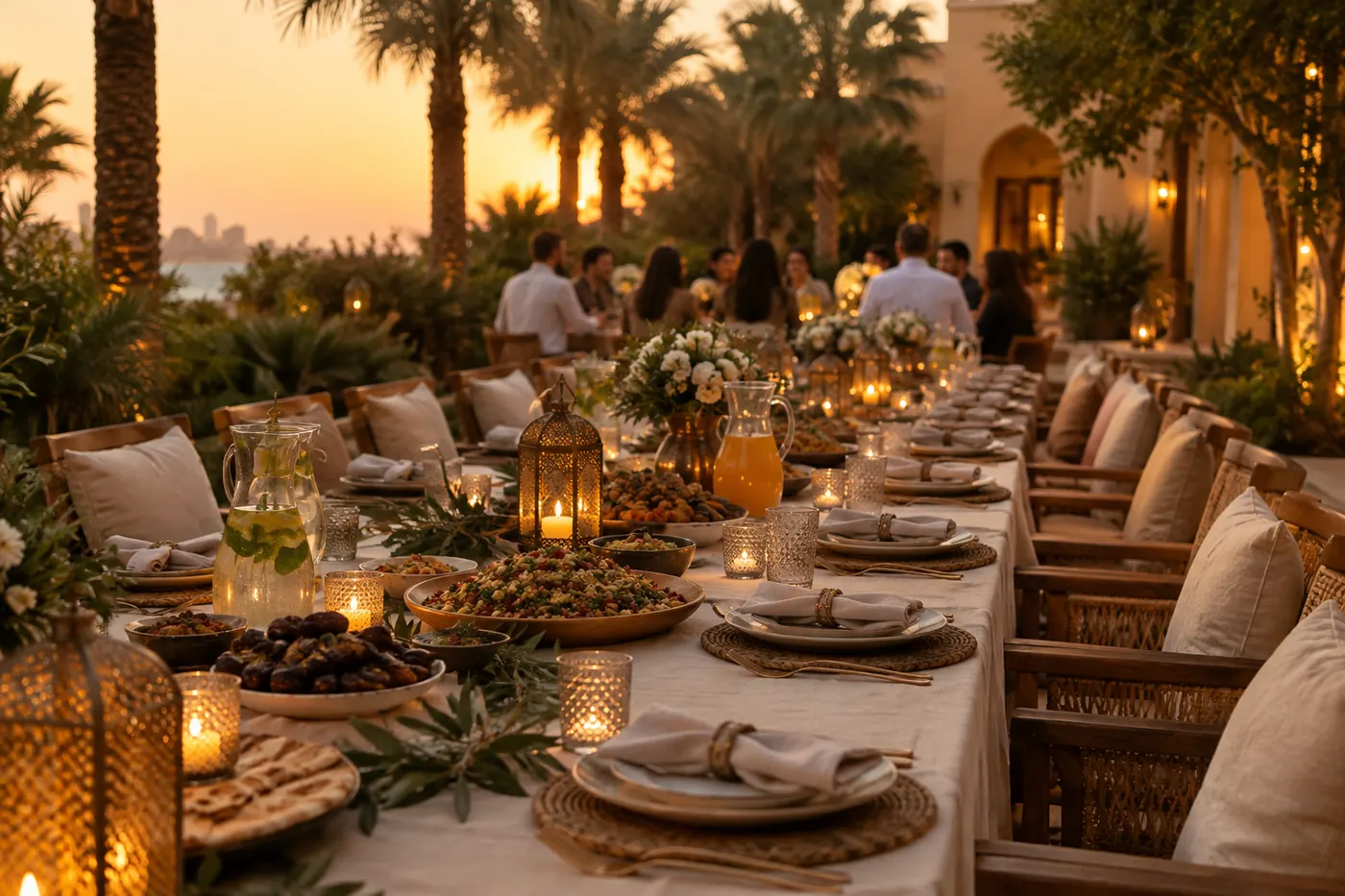 A long dinner table set in a villa garden in Jumeirah at golden hour.
