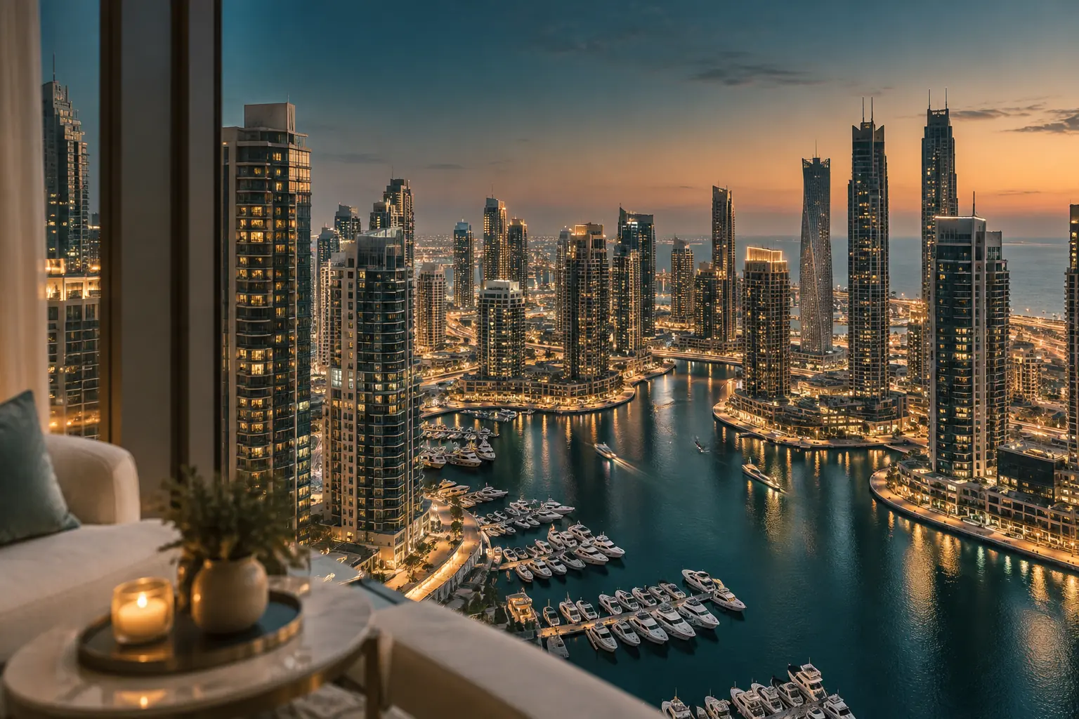 Dubai Marina at dusk from a high window.