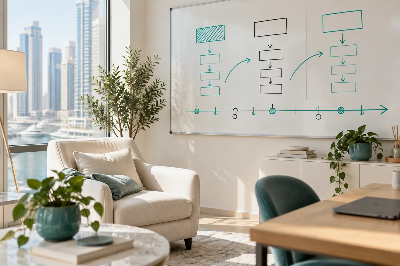 A whiteboard with a hand-drawn 100-day plan in a coaching room.