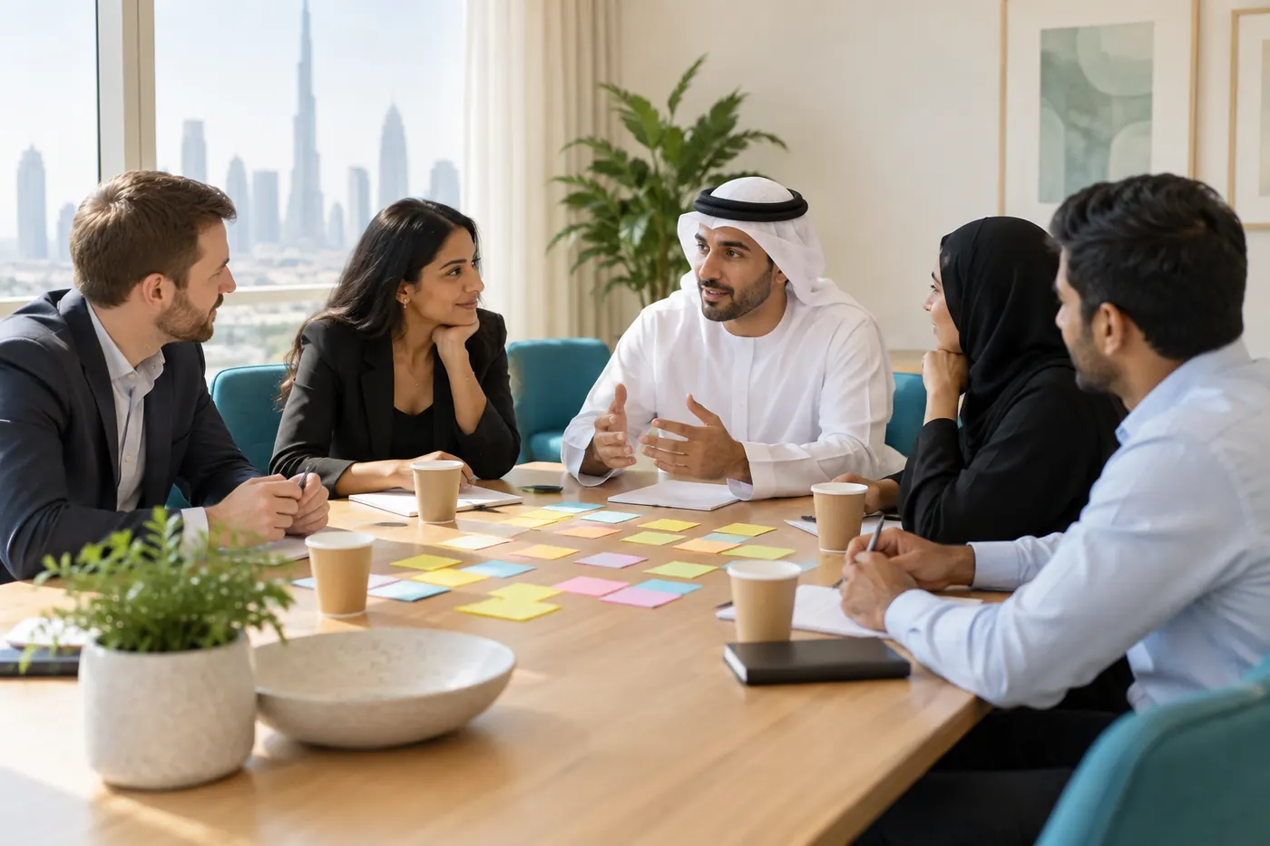 A small team workshop around a table with sticky notes.
