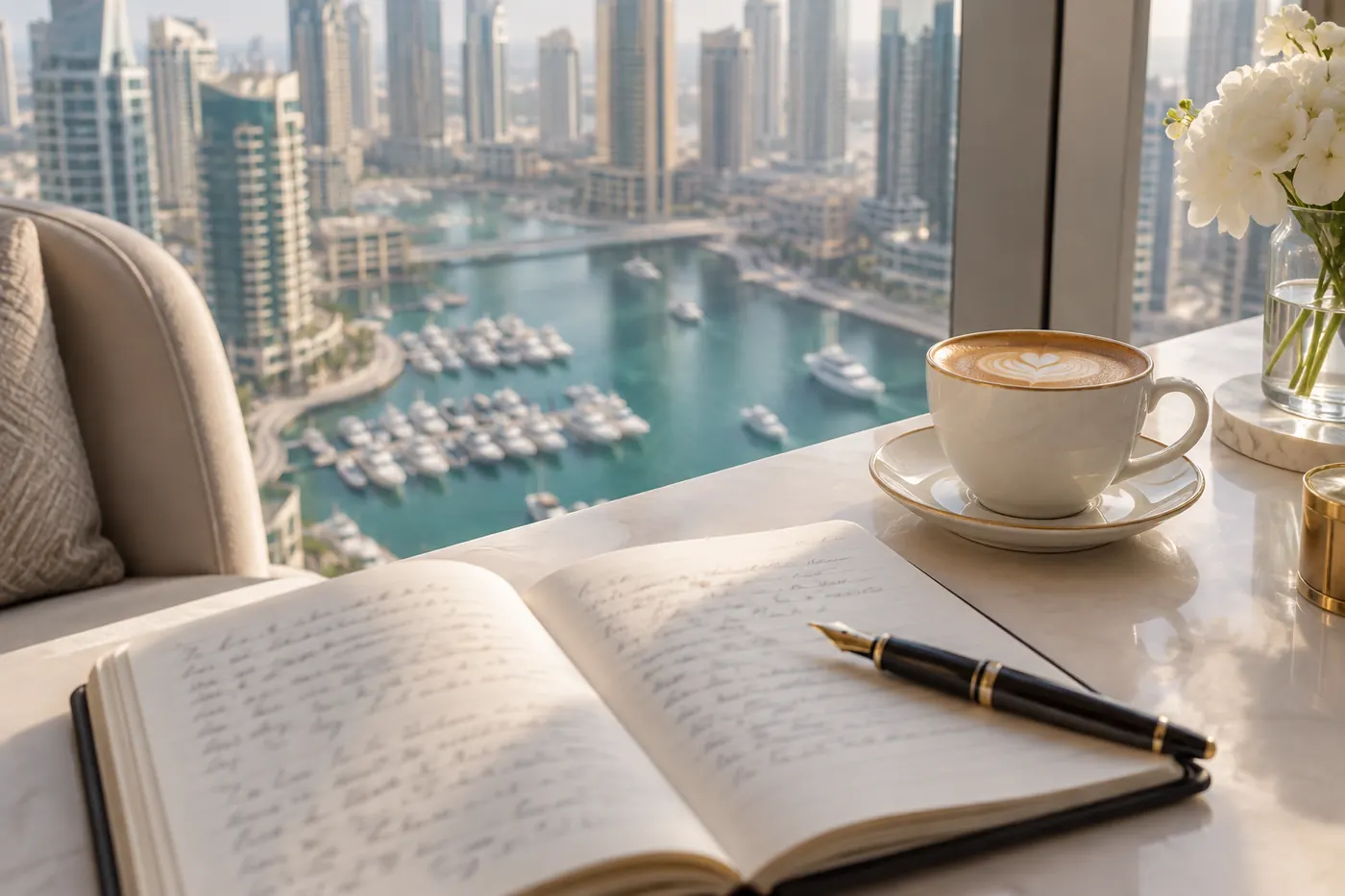 An open notebook and a coffee on a table by a window over the Marina.