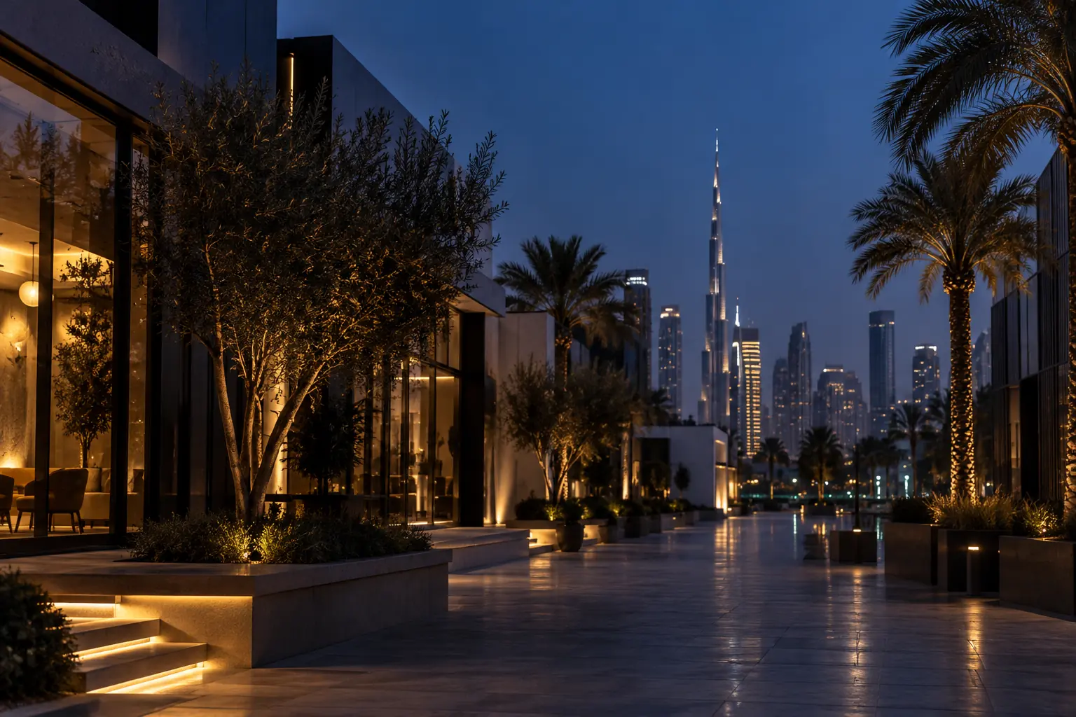 A quiet street in Dubai Design District at dusk with the city skyline behind.