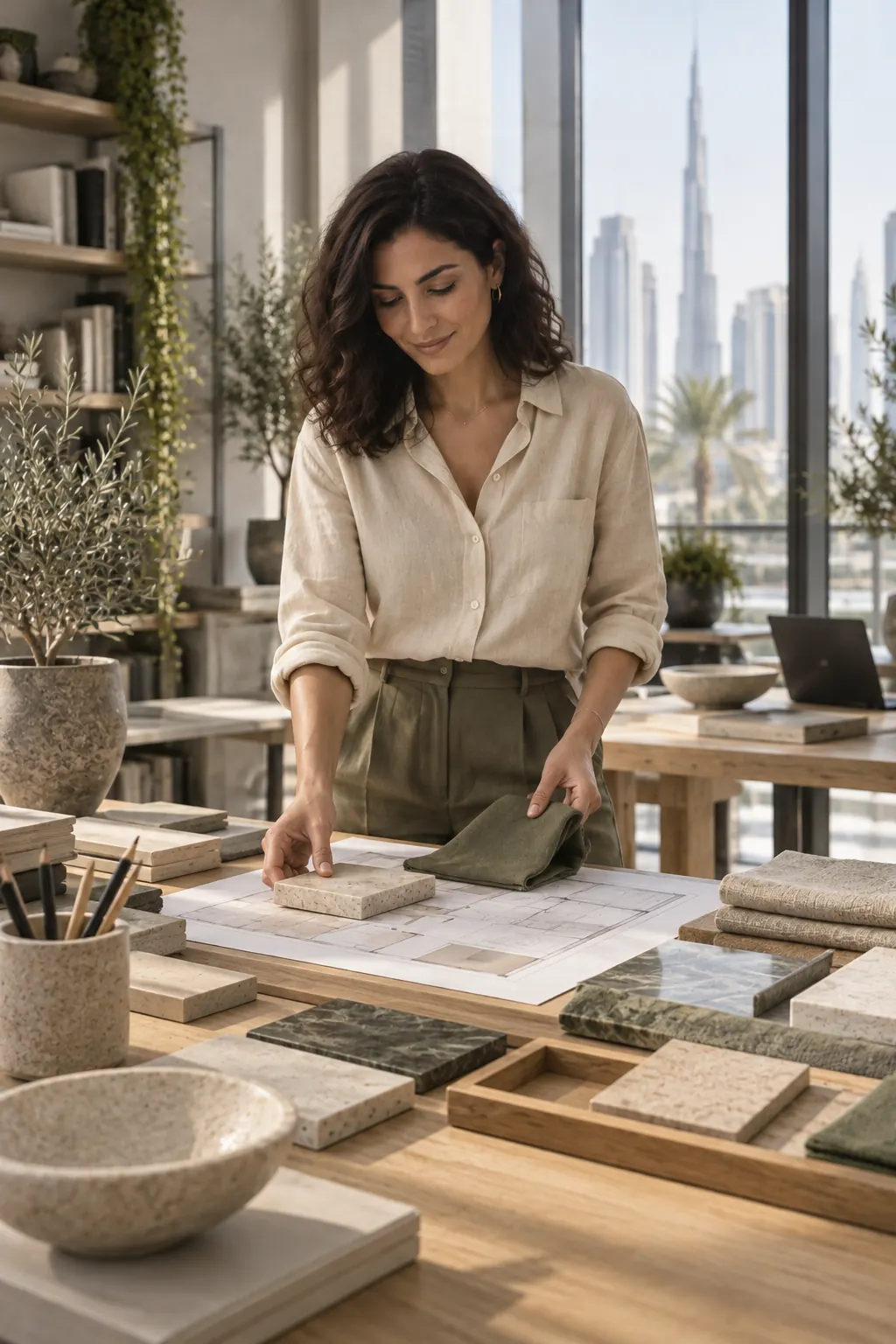 Yasmin laying a stone sample and an olive linen swatch onto a floor plan at her studio worktable.