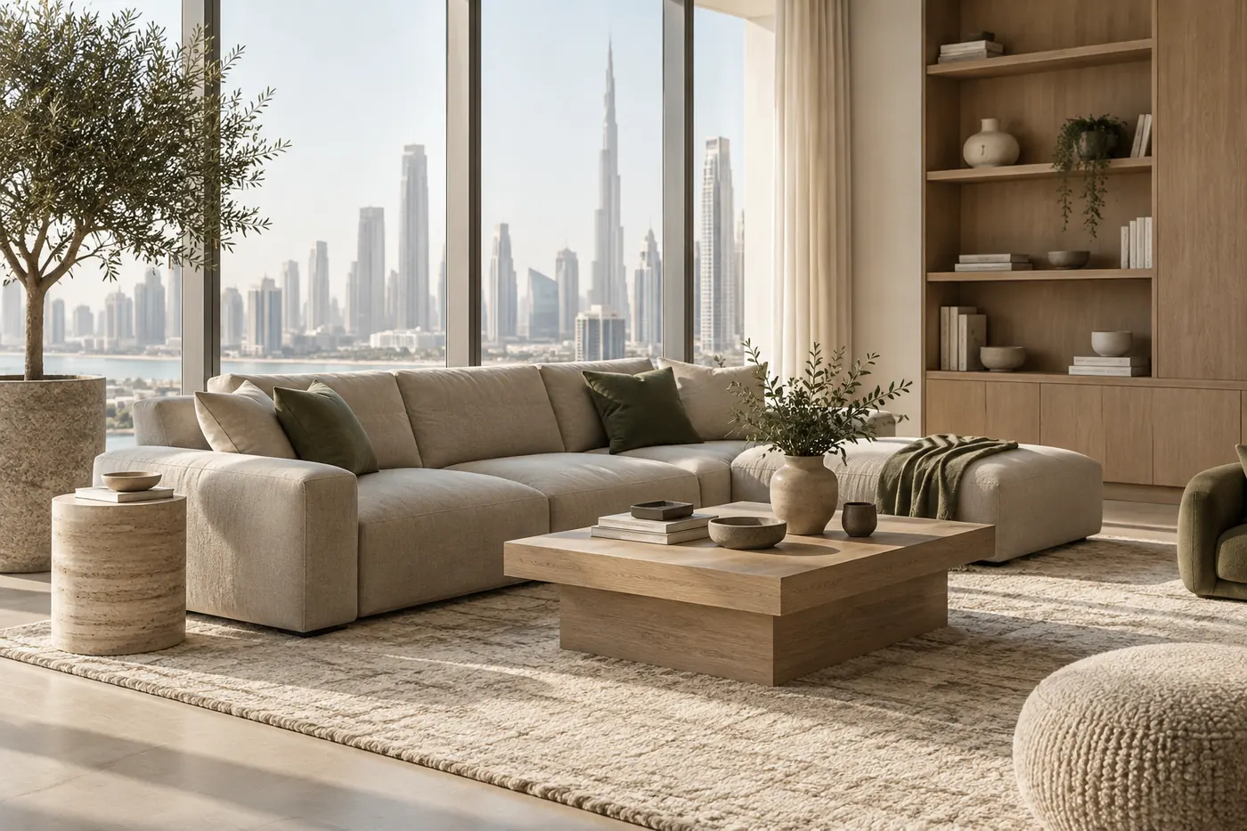 A calm living room with a linen sofa, oak coffee table and a view of the Dubai skyline.