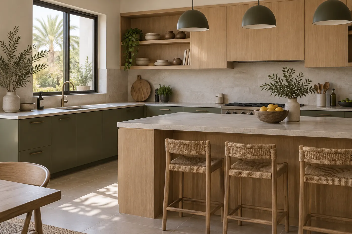 A kitchen with olive lower cabinets, oak shelves and a long island with woven stools.
