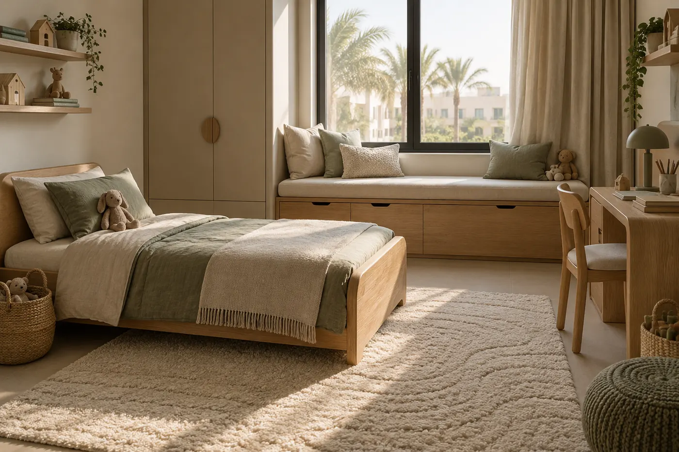 A child’s bedroom with a low oak bed, a window reading nook and soft rugs.