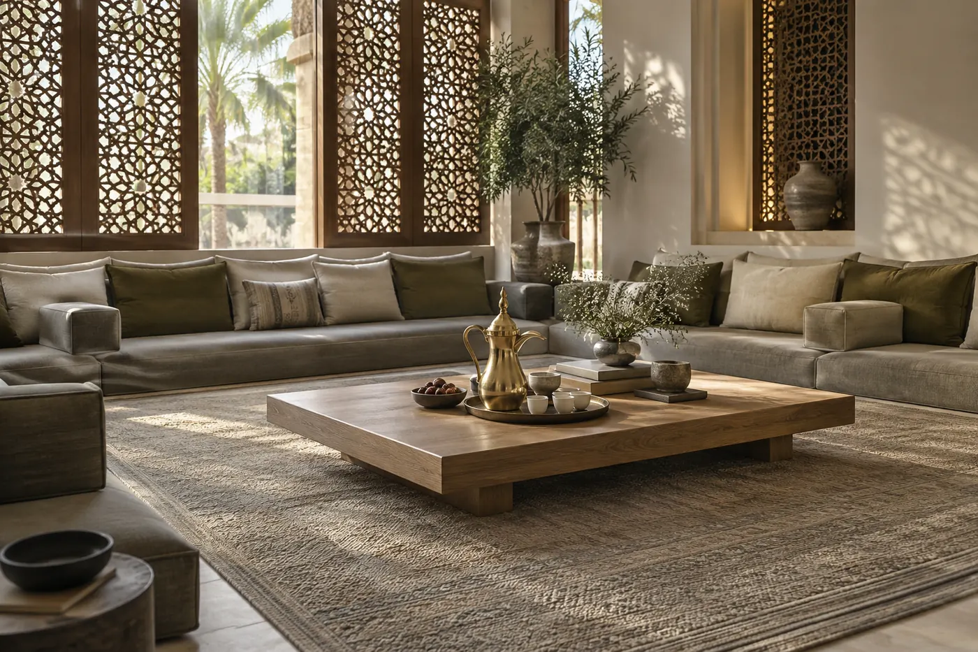 A majlis-style sitting room with low linen seating, a coffee table and carved wooden screens.